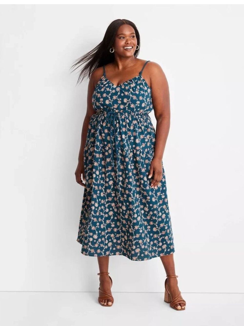 Women's Floral Print Sleeveless Rope Tie Ruched Midi Dress - Future Collective